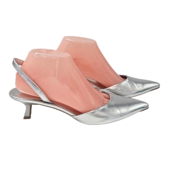 Open Edit Shoes - Open Edit Silver Pointed Toe Slingback Kitten Heels Womens